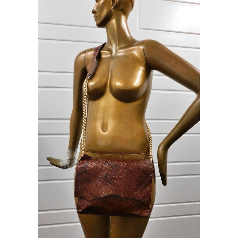 Zina Eva Brown Alligator Leather Gold Chain‎ Flap Crossbody Bag - Picture 2 of 7